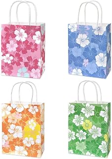 Boerni 12 Pcs Hibiscus Party Gift Bag Hawaiian Themed Paper Bags with Handles Summer Luau Tropical Treat Goodie Bags for Hawaii Birthday Party Baby Shower Supplies, 4 Colors
