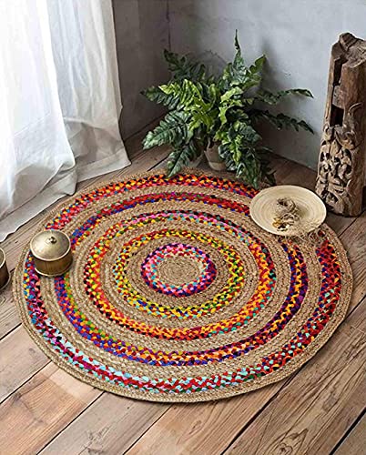Image of Jute Braided Natural Rug Hand Woven & Reversible for Living Room Kitchen Entryway Rug, Jute Burlap Braided Rag Rug, Farmhouse Rag Rug, Rustic Rug (cottjuterect, 70cm)