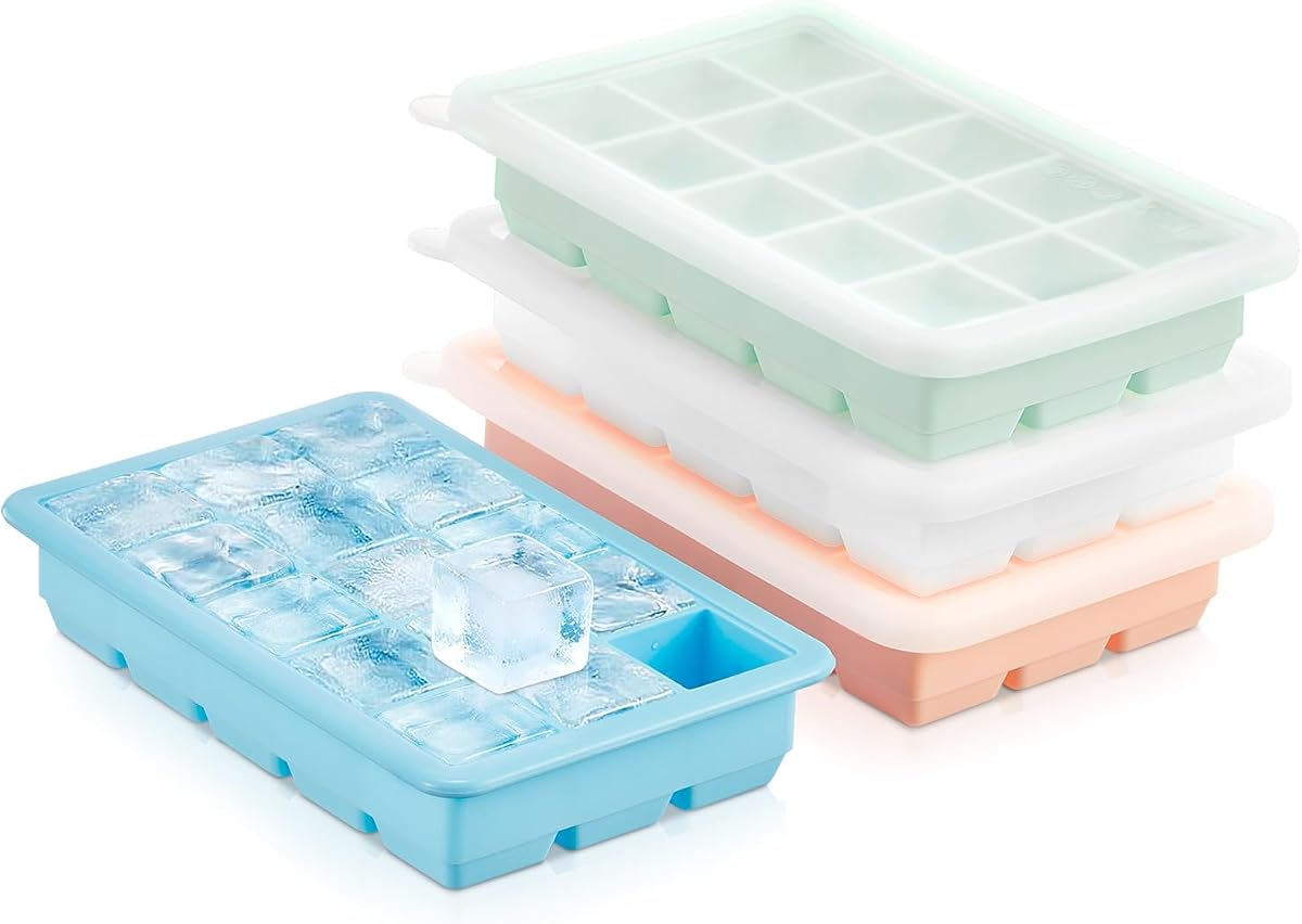Ice Cube Tray, 4-Packs Flexible Silicone Ice Trays for Freezer | BPA-Free, Easy to Release, Stackable Reusable Ice Tray with Removable Lid for Cocktails, Drinks, Ice Coffee, Baby Food