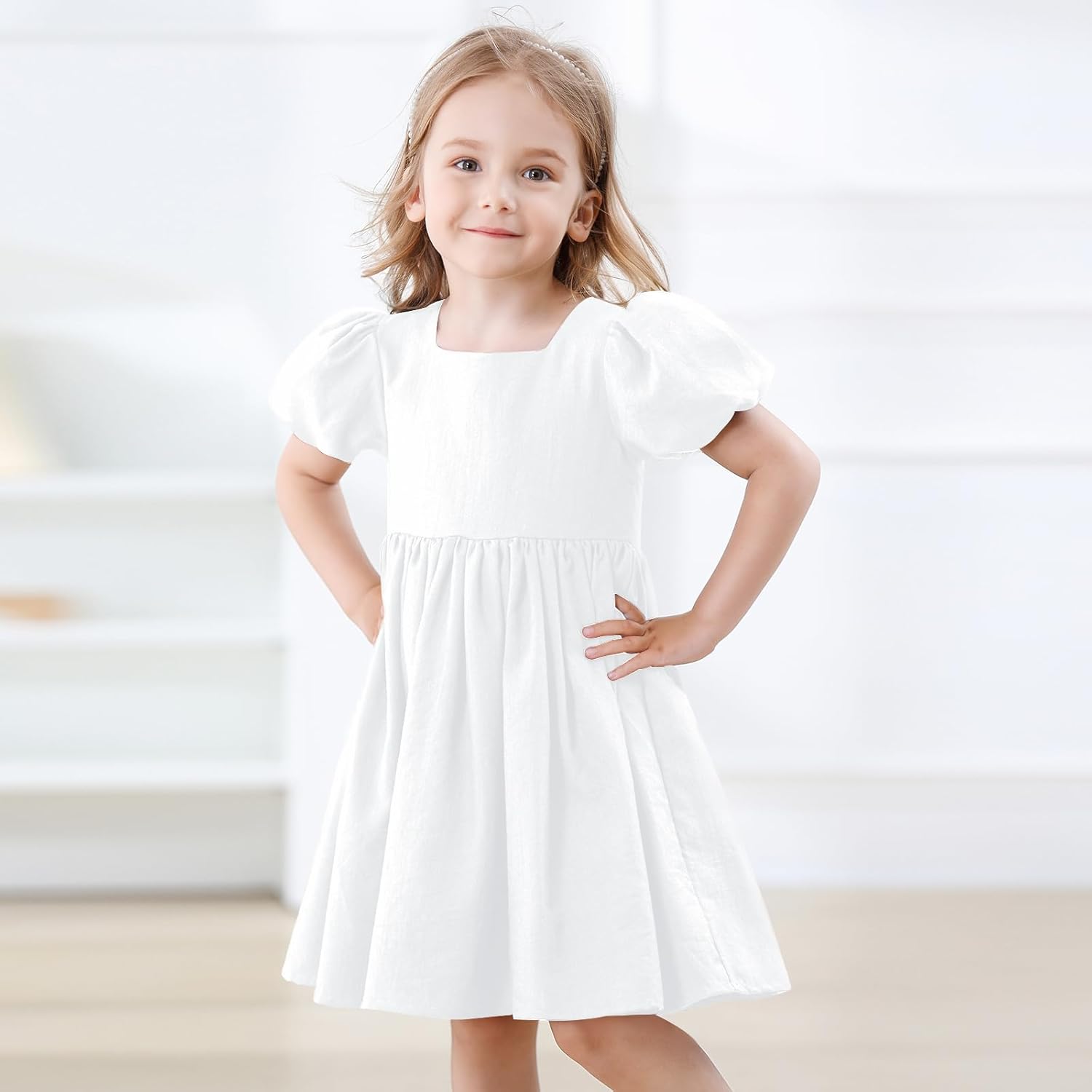 KARETT Toddler Girl Dress Vintage Dress Little Girls Cotton Puff Short Sleeve Kids Swing Casual Elegant Formal Dress - Image 2