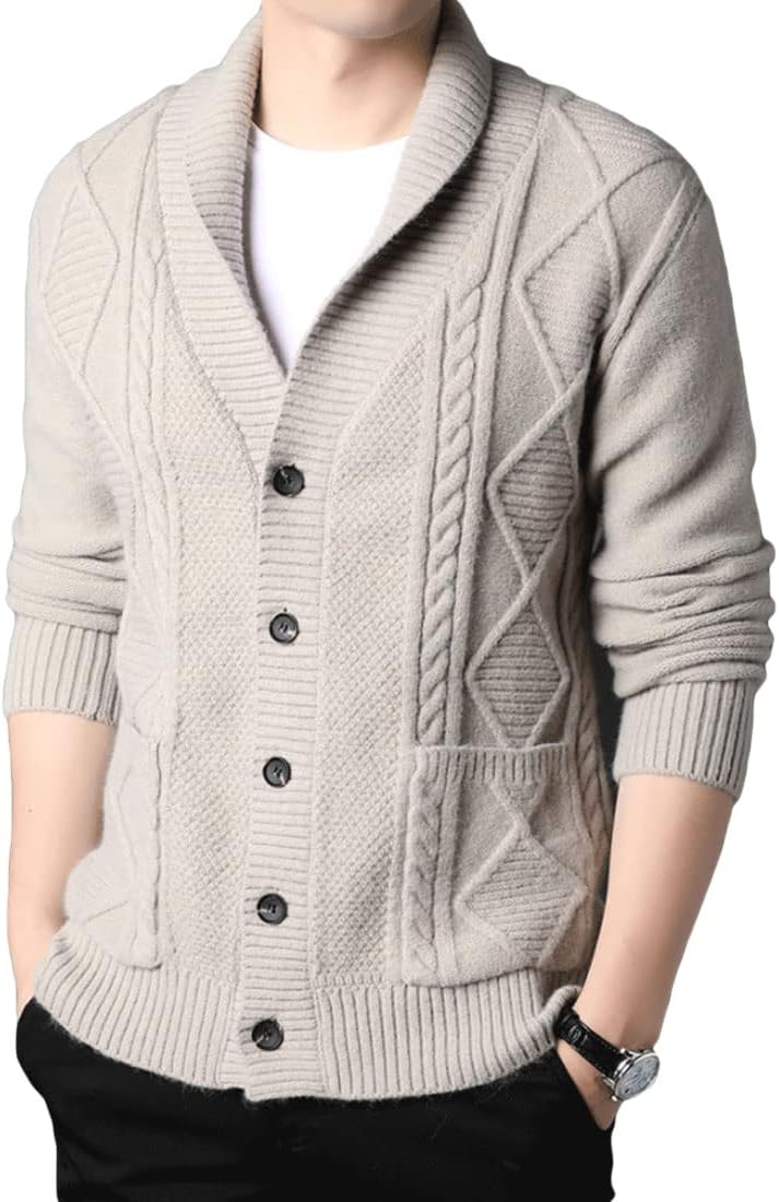 HZCX FASHION Mens Shawl Collar Cable Knit Button Up Cardigan Sweater with Pocket