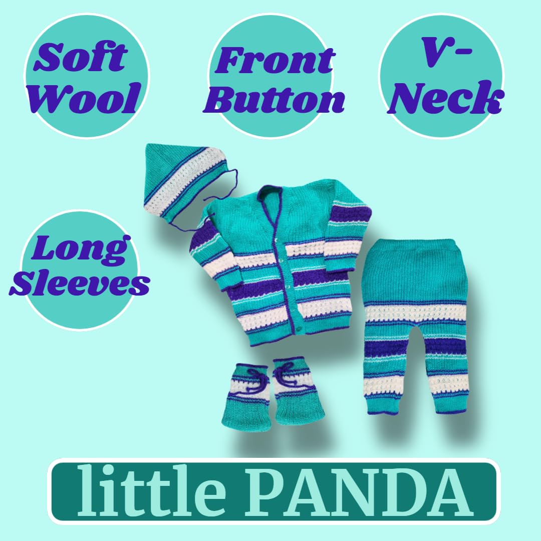 little PANDA Baby Sweater for Baby Boys & Baby Girls Woollen Full Sleeves, V Neck Sweater Top, Bottom, Cap & Booties Set (6-12 Months, Green) - Image 2 thumbnail