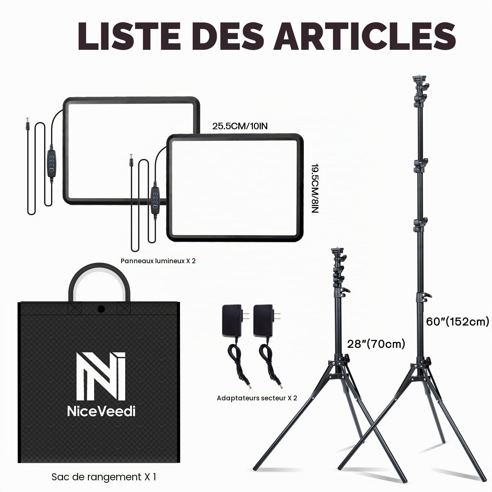 NiceVeedi Éclairage de Photographie 25 W, kit de 2 Panneaux vidéo LED de 185 cm, 2900-7000 K à intensité Variable avec trépied, lumière de Diffusion pour Enregistrement vidéo Youtube/TikTok Live (25W)