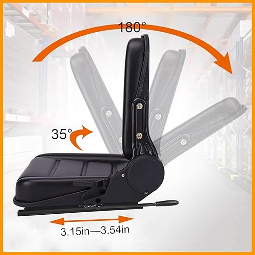 Miniatura 3 de Asiento de carretilla elevadora universal plegable para tractor, cortacésped de PVC negro con ángulo de respaldo ajustable de 180, reposabrazos,