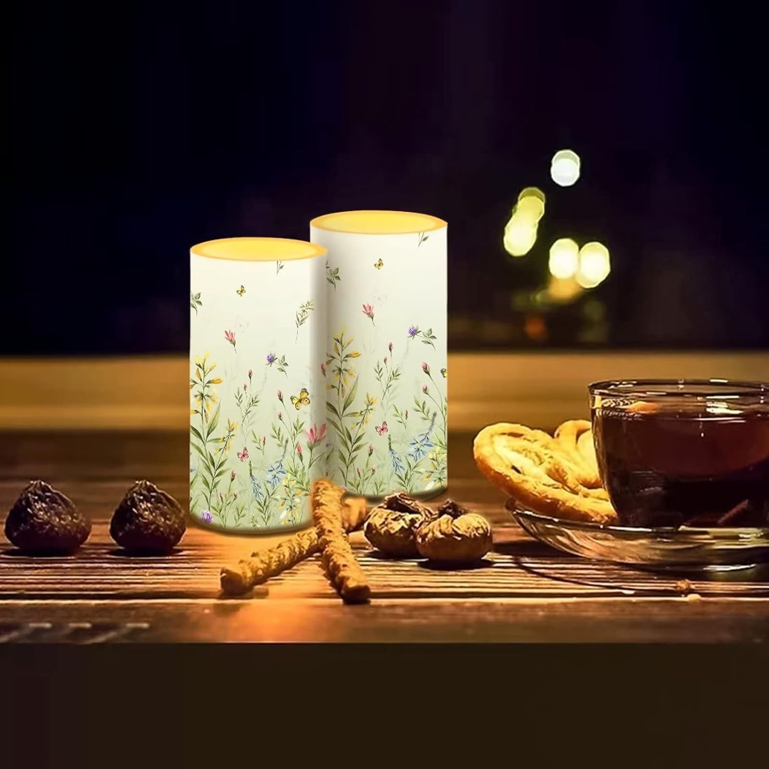 Flameless Candles LED Battery Operated Candles with Realistic Set of 2 with 18 Key Remote Control Timer Dancing Flame Pillar Candles for Home Beach Farmhouse, Floral Green