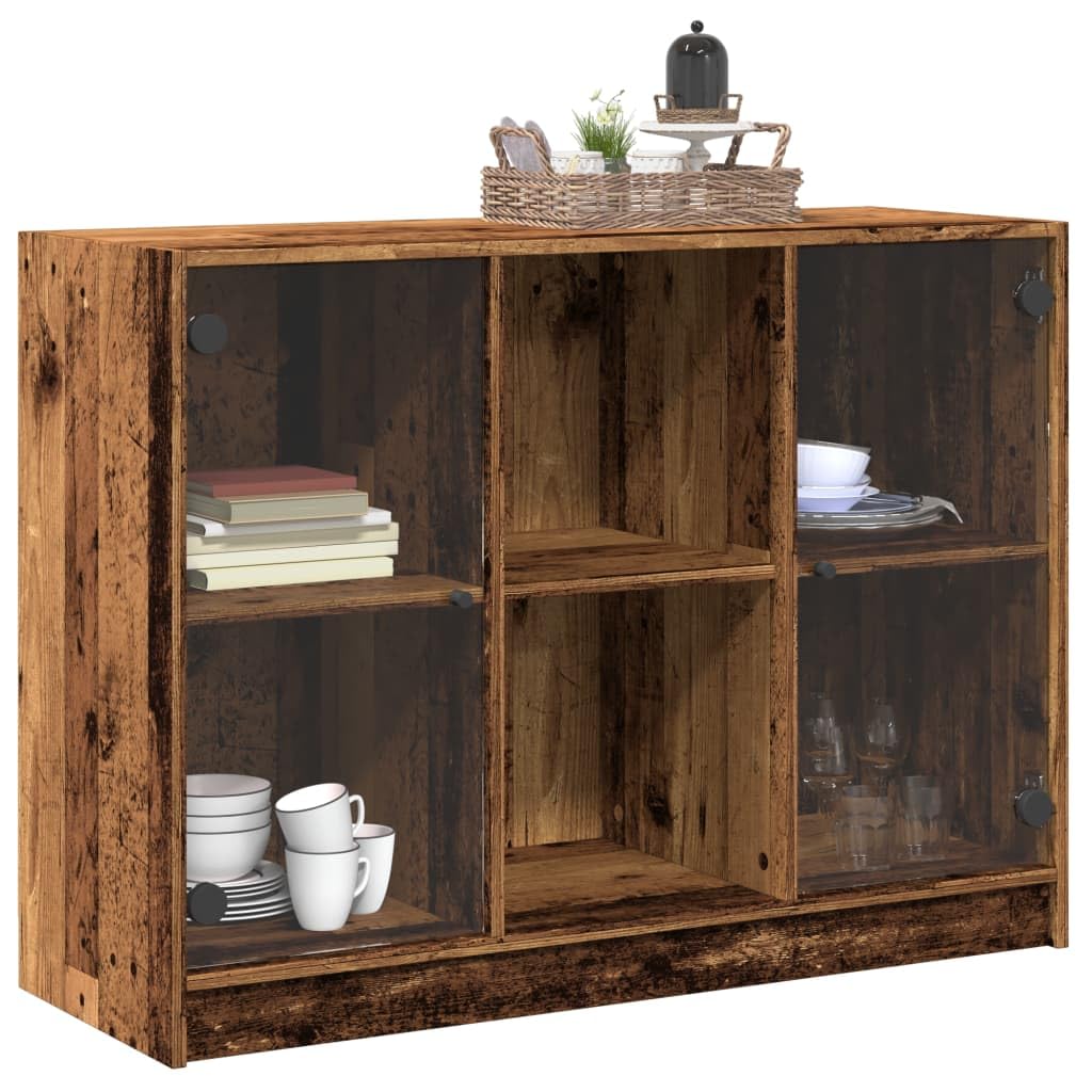 Kredens o wyglądzie starego drewna 102 x 37 x 75,5 cm, materiał drewnopochodny, szkło, z 6 półkami, miejsce do przechowywania książek, jako szafka bufetowa