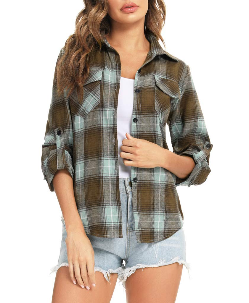 Enjoyoself Damen Flanellhemd 100% Baumwolle Langarm Holzfäll