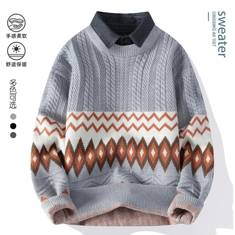 Men Winter Fake Two Pieces Thick Sweater Men Youth Sweaters Autumn Men's Wool Casual Knitwear Pullover4