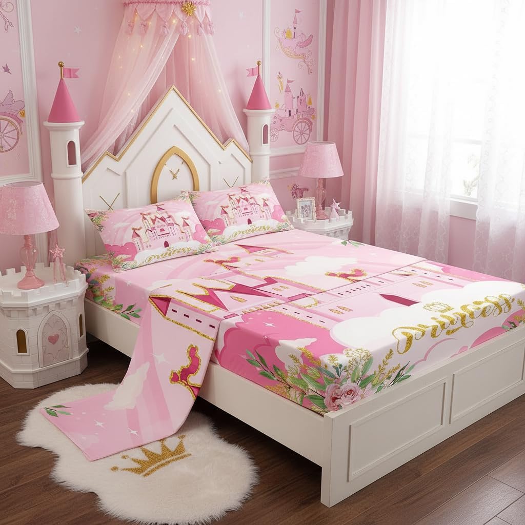 Manfei Princess Twin Bedding Sets for Girls,Pink Castle Dreamy Bed Sheet Set Kids Bedroom Decor,Flowers Garden Princess Bed Set,Fairy Tale Theme Sheets Set for 4 Year Old Girl