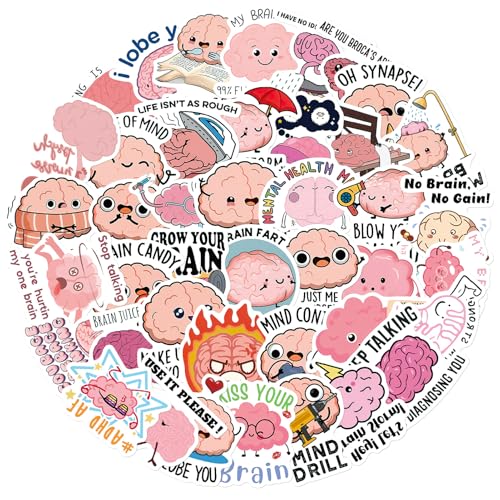 50Pcs Brain Preppy Stickers for Scrapbooking Cute Cartoon Decorative Funny Human Biology Colorful Waterproof Decals Gifts for Adult Child DIY Crafts Laptops Bullet Journal Kindle Book