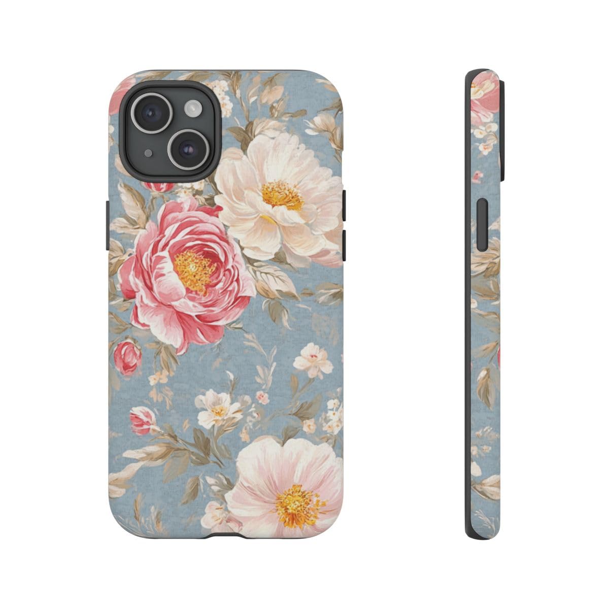 Coque iPhone 15 Plus motif floral romantique rose et blanc avec finition rigide mate - 4
