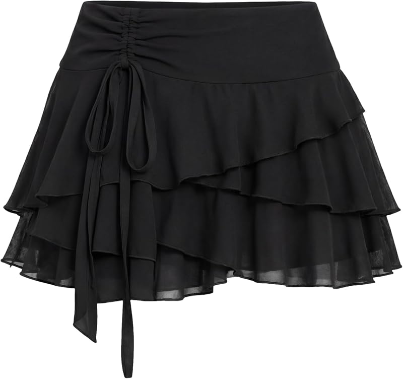 Women's Ruffle Mini Skirt with Shorts Mesh Flowy Tiered Ruffled Layered Skirt Casual Drawstring for Vacation Party