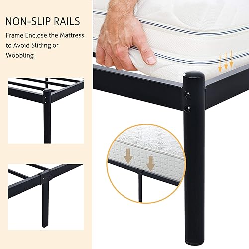 Miniatura 7 de SHA CERLIN Base de cama de metal con cabecera vintage, plataforma resistente con postes redondos, 12 pulgadas debajo de la cama para almacenamiento,