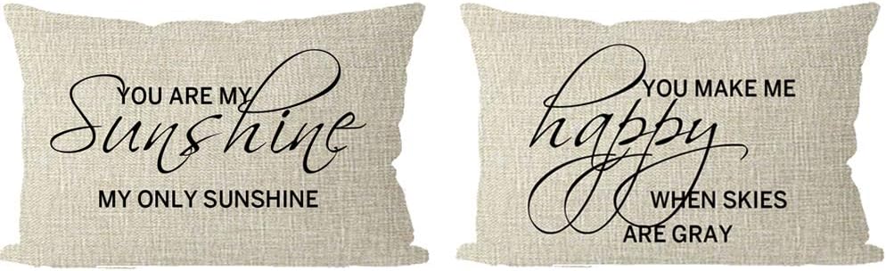 ITFRO Set of 2 Farmhouse You are My Sunshine You Make Me Happy When Skies are Gray Cream Beige Lumbar Burlap Throw Pillow Case Cushion Cover Sofa Decorative Rectangle 12x20 inch