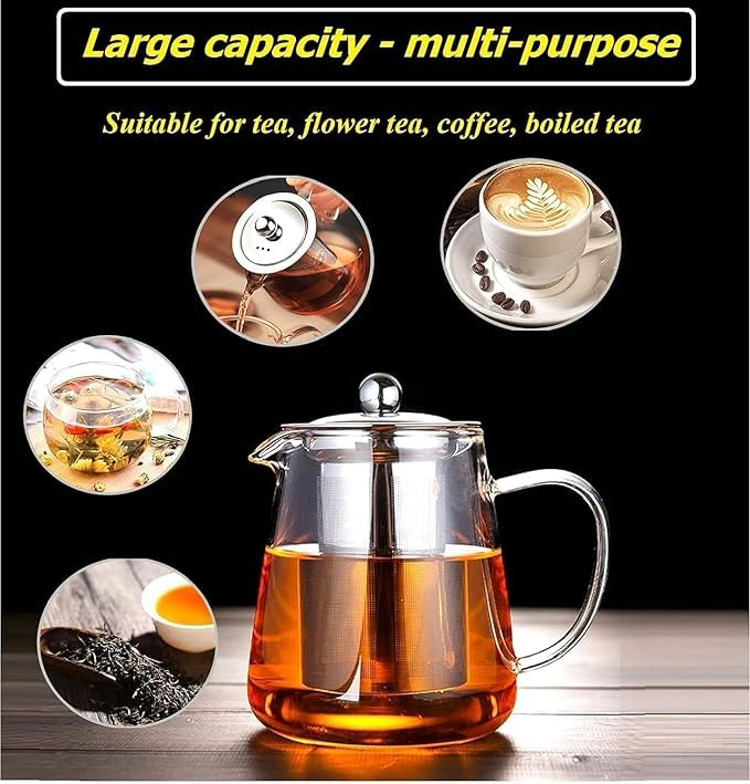 Image of Borosilicate Glass stovetop Kettle with Stainless Steel Infuser teapot to Infuse Tea Coffee Black Tea harbal kadha Tea Pot for Making Green Tea (900 ML Green Tea Kettle)