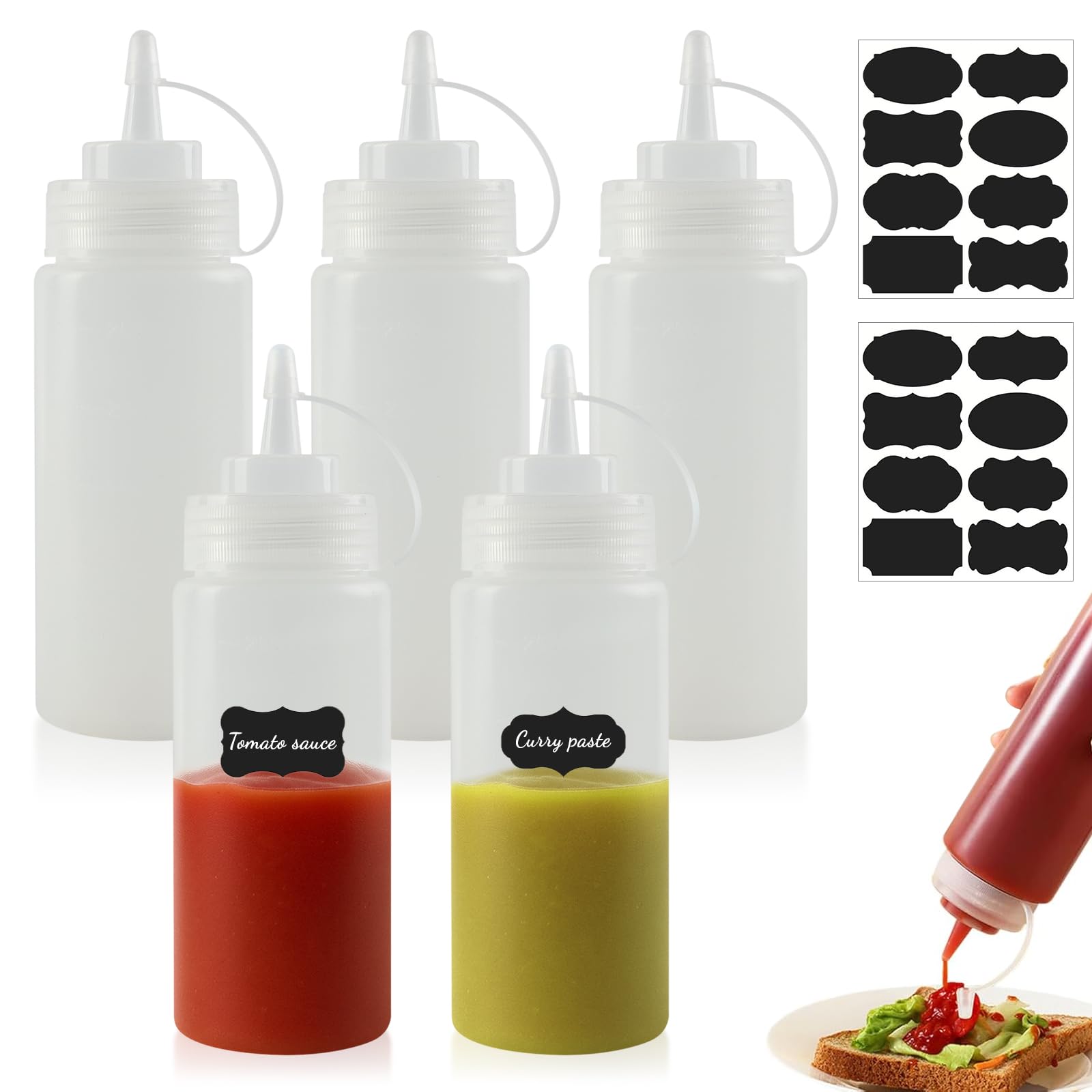 Biberon Cocina,5 Piezas Biberones Cocina 250ml,con 2 Escala, Bpa Sin Fugas, a Prueba de 2 Hojas de Papel de Etiqueta, para Ketchup, Mostaza, Mayonesa, Aceite de Oliva (8 OZ)