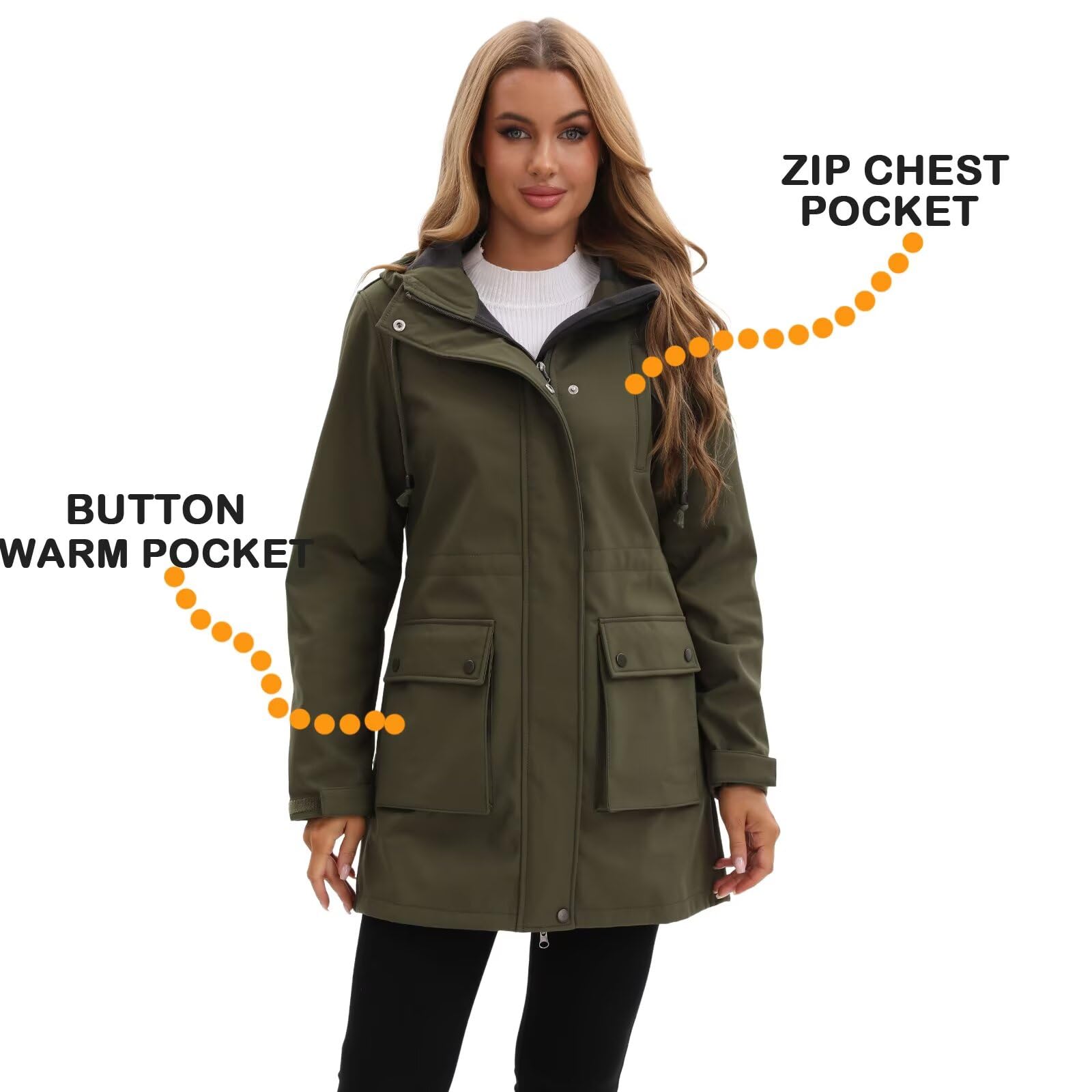CHIGUO Veste d'hiver légère et imperméable pour femme - Doublée en polaire chaude avec capuche - Veste de pluie longue