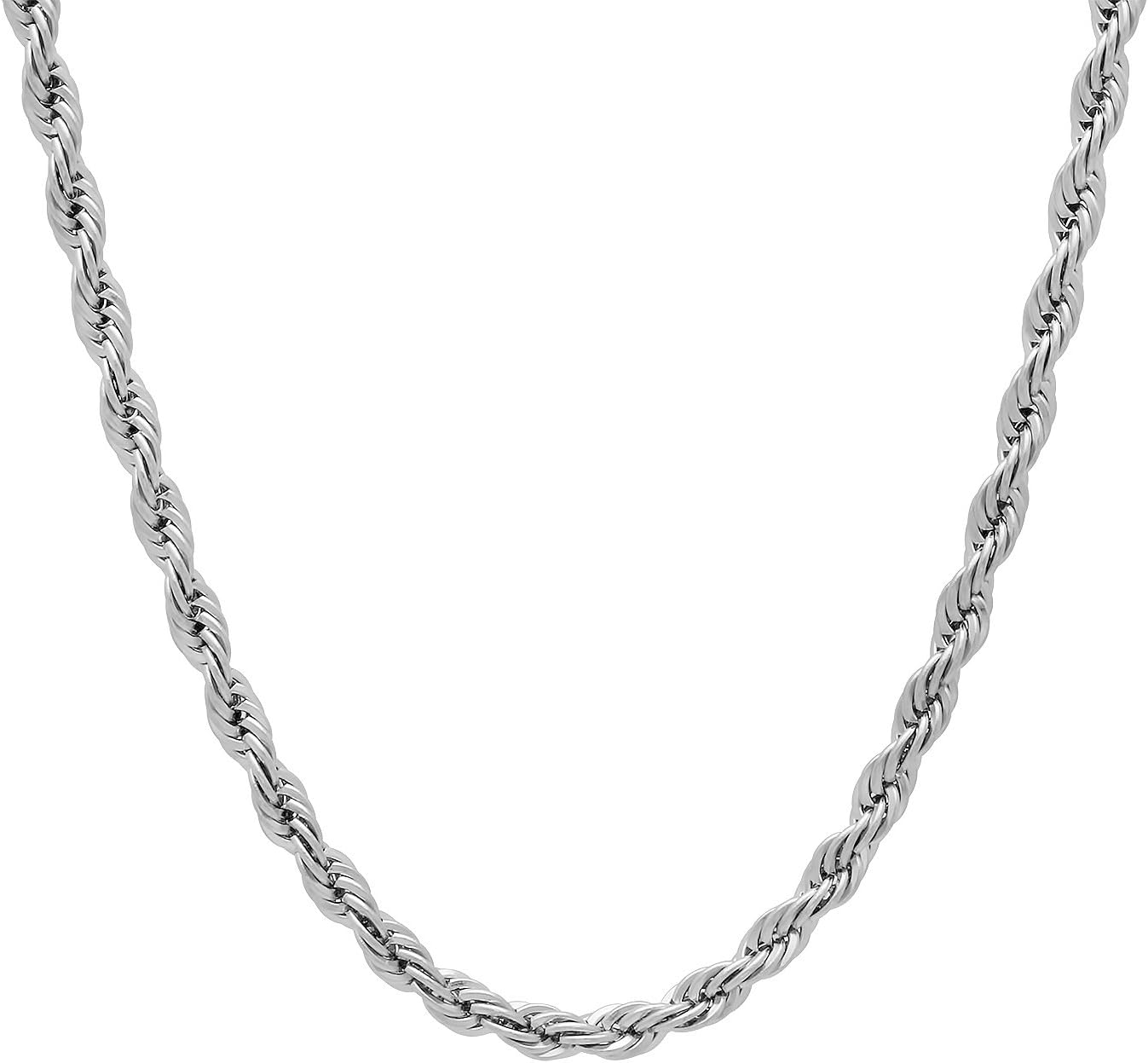 The Bling Factory 3mm High-Polished Stainless Steel Twisted Rope Chain Necklace