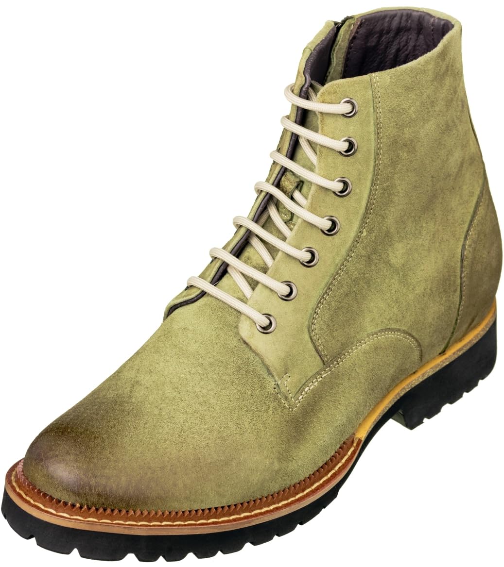 CALTO Men's Invisible Height Increasing Elevator Shoes - Olive Green Nubuck Leather Lace-up/Zip-up Casual Boots - 3.0 Inches Taller - K24402 - Size 9