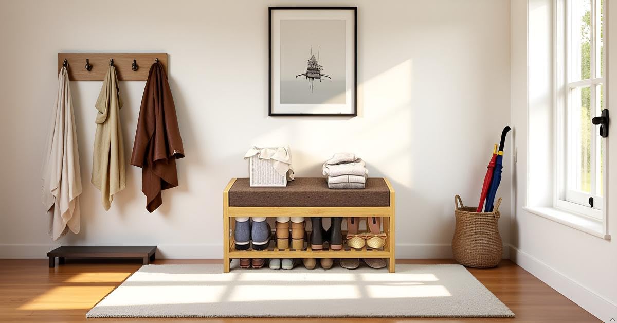 Keeam Decor Wooden Shoe Storage Bench 30D x 55W x 45H withSheesham Wood Shoe Rack - Elegant and Functional Organizer, with Brown seat 2