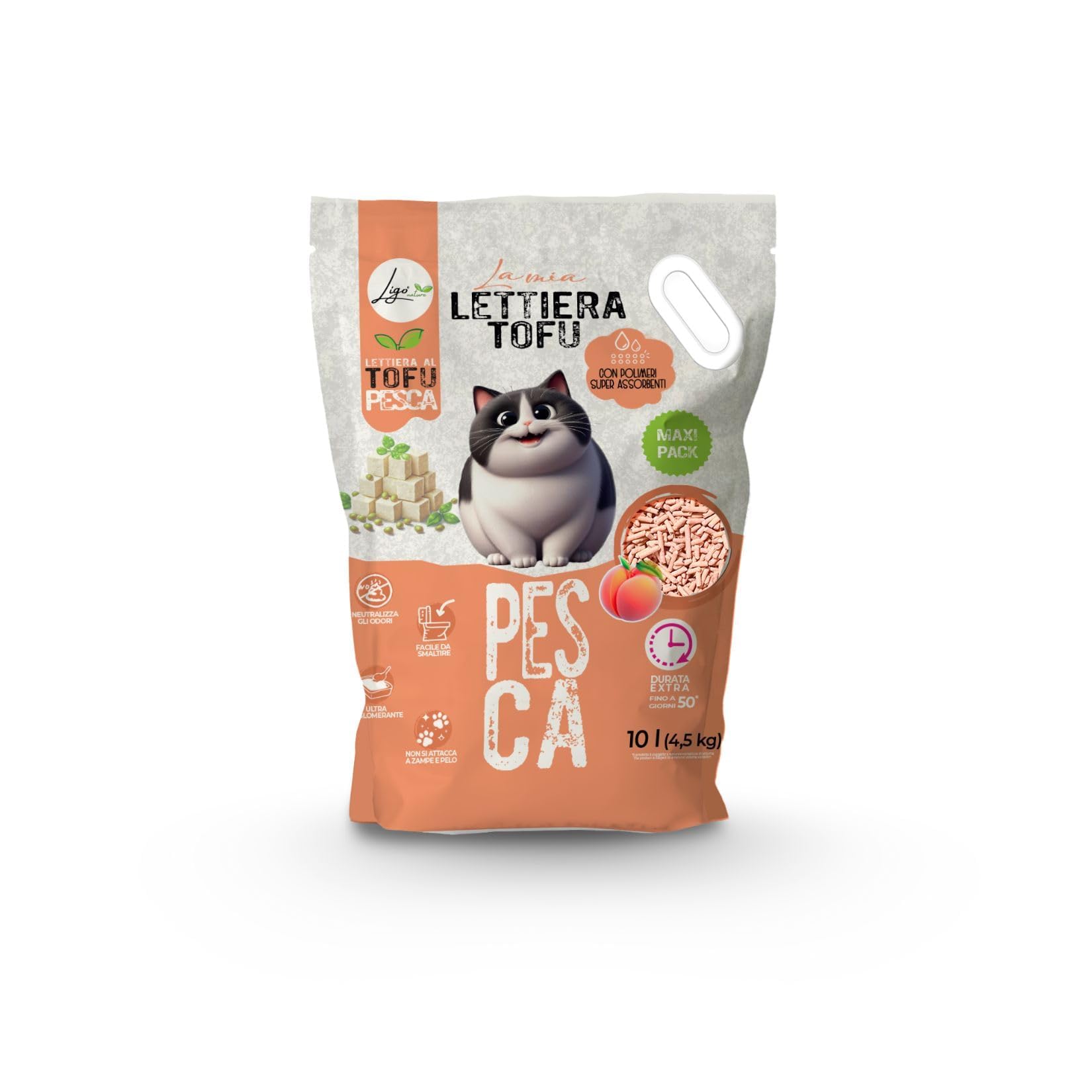 Ligo Nature Lettiera gatto Tofu |profumazione pesca |ecologica|ultra assorbente|assorbimento rapido|controllo degli odori|4 confezioni da 10l