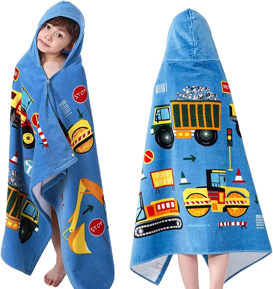 Masroo Kids Hooded Beach Bath Towel,Baby Surf Poncho Toddlers Soft Real Cotton Wrap Changing Robe for Boy Girl Shower/Beach/Pool Child Cover ups 127x76 CM Large Towel Wrap,Engineering Vehicle Pattern