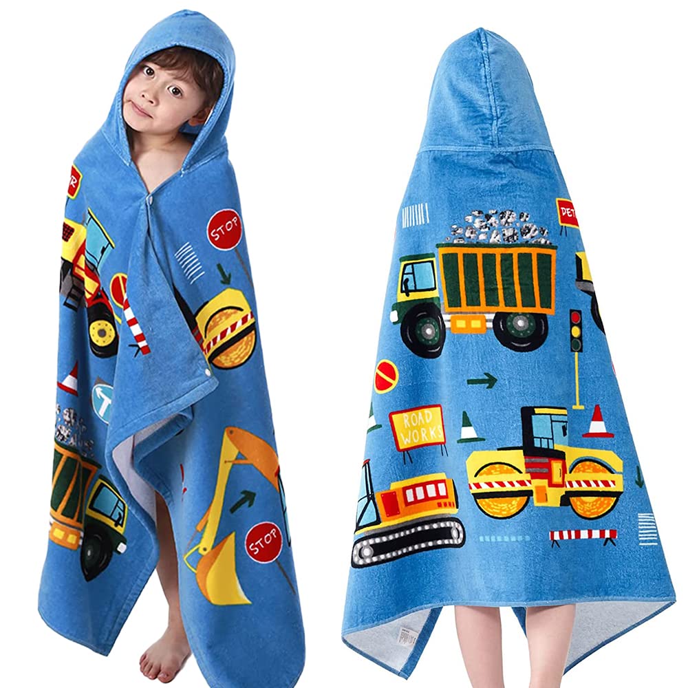 Kids Hooded Beach Bath Towel,Baby Surf Poncho Toddlers Soft Real Cotton Wrap Changing Robe for Boy Girl Shower/Beach/Pool Child Cover ups 127x76 CM Large Towel Wrap,Engineering Vehicle Pattern