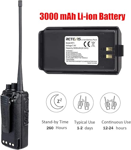 Miniatura 7 de Retevis RT1 Walkie Talkies de largo alcance para adultos, 3000 mAh, batería de alta capacidad, radios bidireccionales recargables con antena larga y