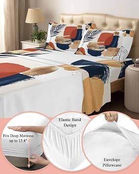 Boho King Sheet Set 4 Piece Bedding - Middle Century Leaves Minimalist Abstract Bohemia Breathable Comfy Cooling Bed Sheets & Pillowcase Sets, Hotel Luxury Flat Sheets Deep Pockets Fitted Sheet