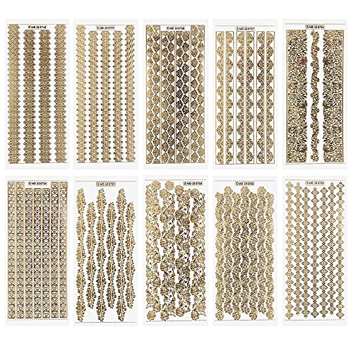 Ideen mit Herz Gravur-Sticker, transparent/gold, 10 Bogen à 10 x 23 cm | Goldene Aufkleber zum Basteln & Dekorieren | Geburtstag, Weihnachten, Rente & mehr (Spitzen Bordüren)