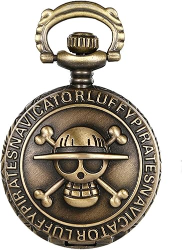 JewelryWe Reloj de bolsillo de cuarzo de una pieza con diseño de calavera de anime de bronce antiguo con cadena de 31.5 pulgadas para el día de San