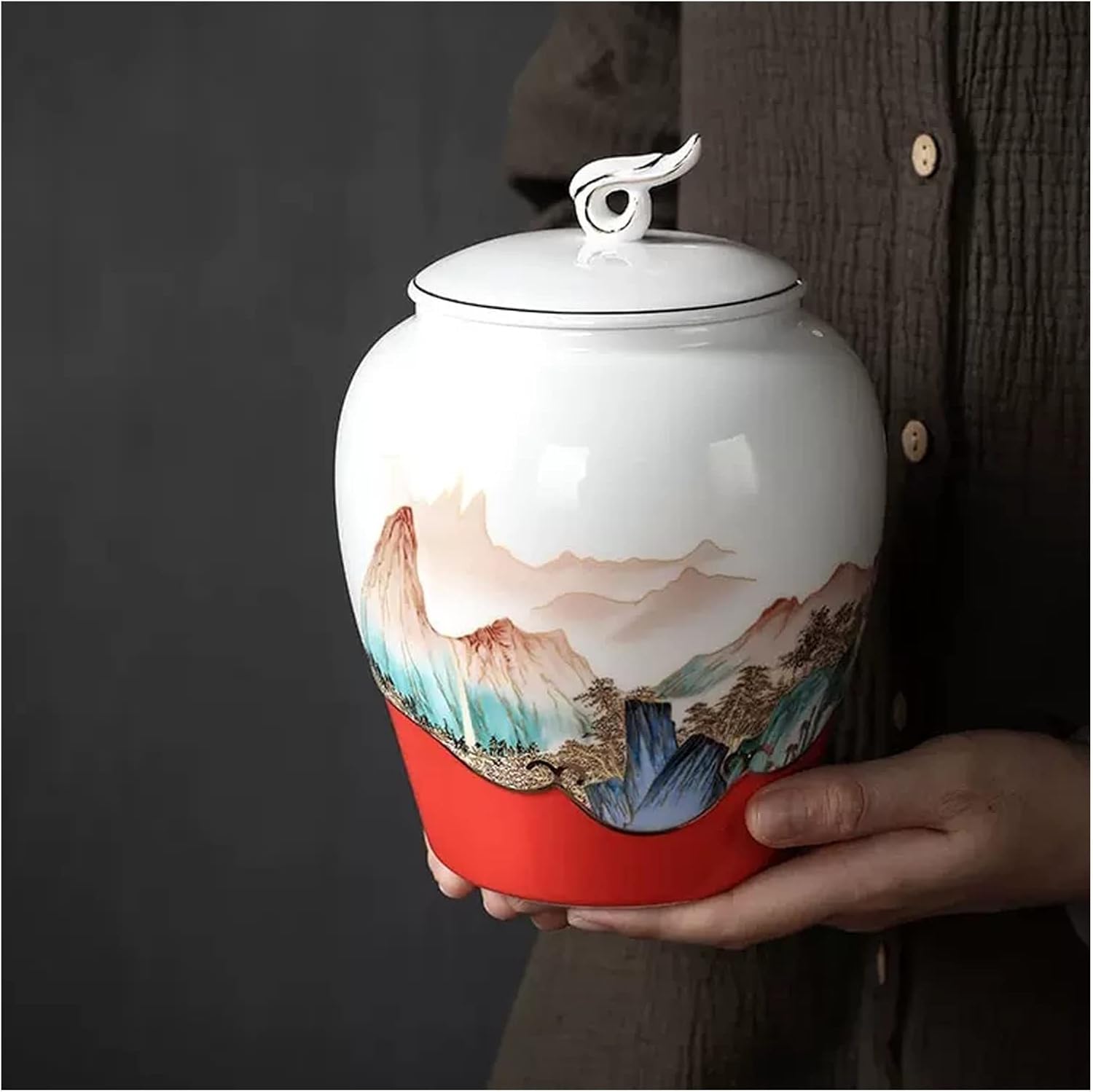 Tea Tin Chinese Ceramic Ornaments Tea Canister Vintage Style Loose Container with Auspicious Clouds Lid and Hand Drawn Landscape Paintings Container(Red,Small)