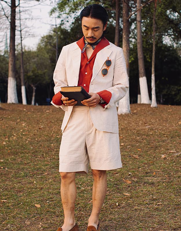 Retro Men's Striped Seersucker Suits Grooms Lightweight Sear Sucker Suit for Wedding Slim Fit Jacket & Shorts4