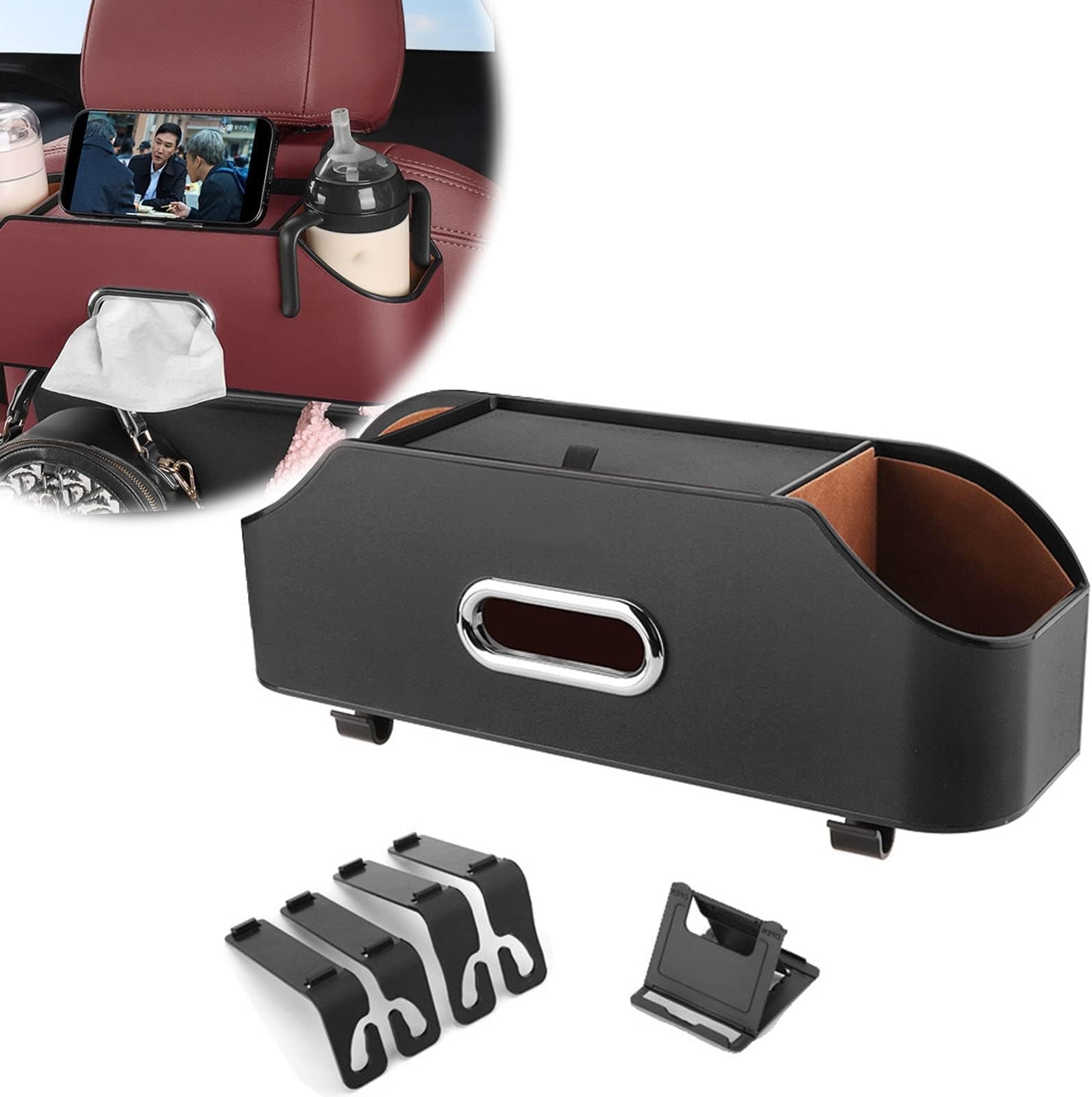 DQLIOWUOCar Back Seat Organizer with 2 Drink Cup Holder, Tissue Box and Storage Box Hook, Vehicle Multifunctional Storage Box, Car Seat Back Organizer for Travel (Color : A)