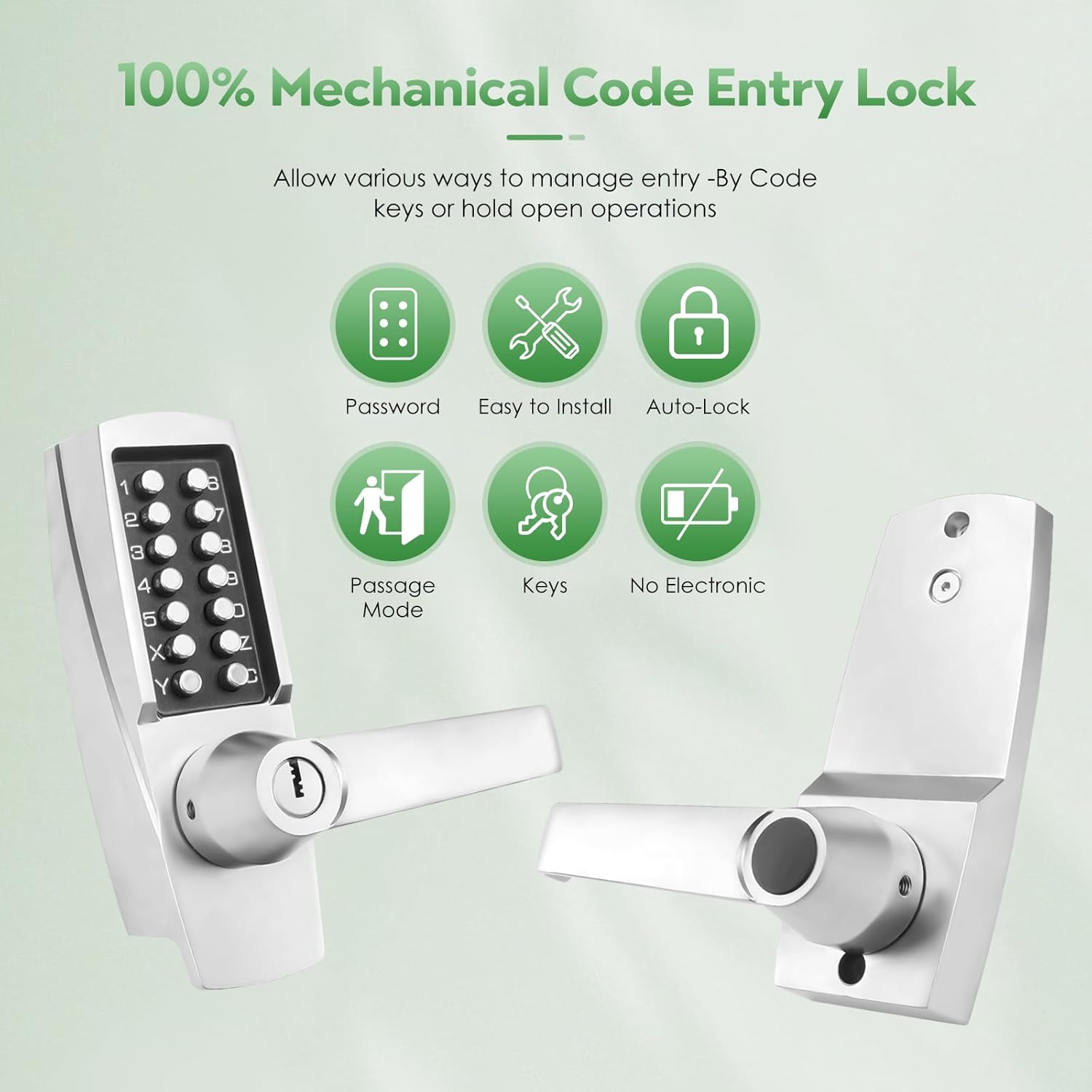 Mechanical Entry Keypad Door Handle Lock with Key,Auto-Locking Push Button Code Door Knob Lock,Single Sided Combination & Interior Hold-open Lever,for Front Gate,Garage,Office,Brushed Nickel
