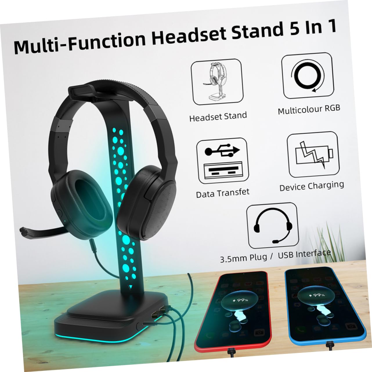 Supporto Cuffie Gaming Rgb Nero in Abs per Desktop | Luce Regolabile, Uso Prolungato, Accessorio per Gaming Pc, Doppia Porta Usb, Stile da Scrivania
