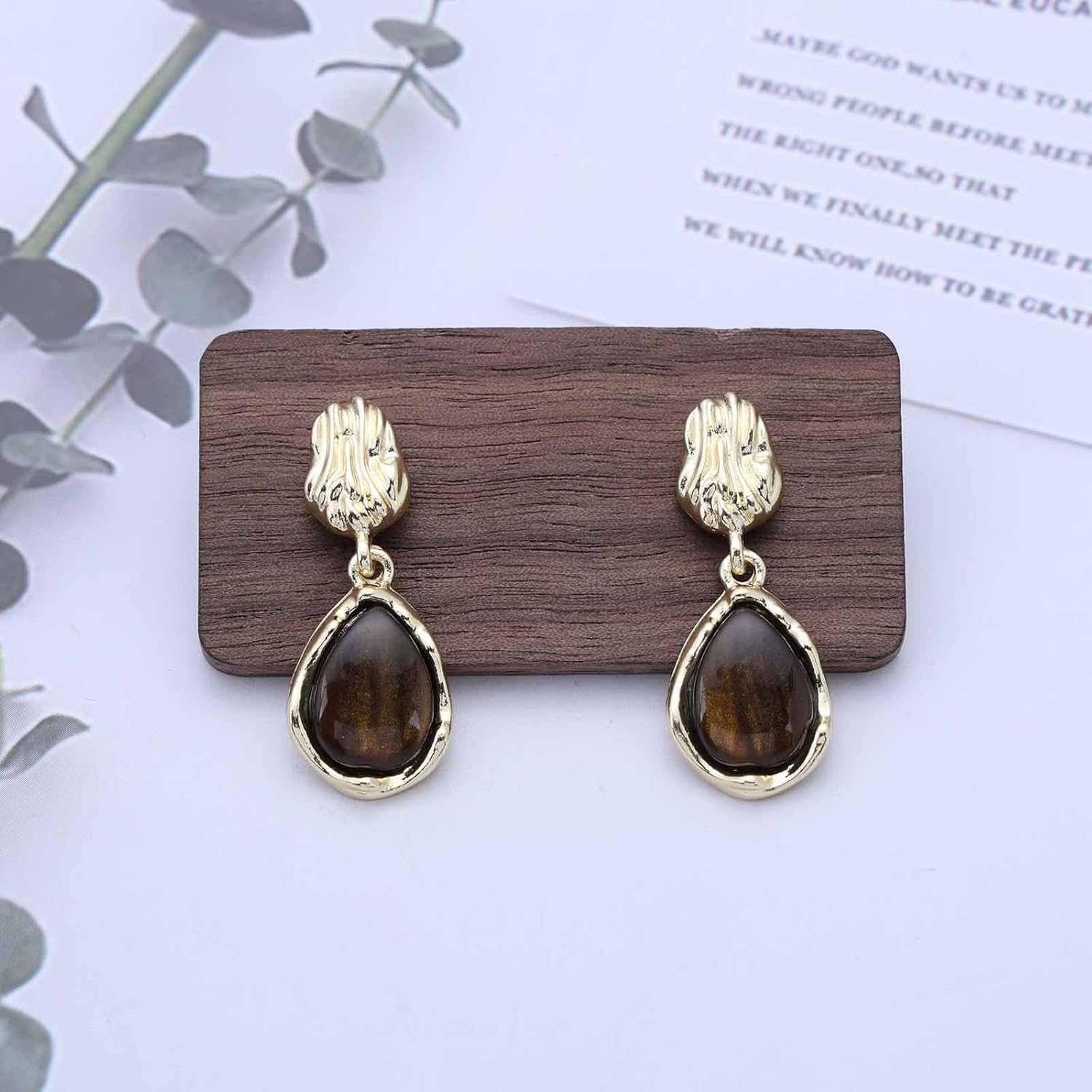 Vintage Teardrop Tiger Eye Drop Earrings Gold Hammered Disc Stud Earrings Tiger Eye Gemstone Dangle Earring Brown Gemstone Teardrop Earring Jewelry for Women - Image 4