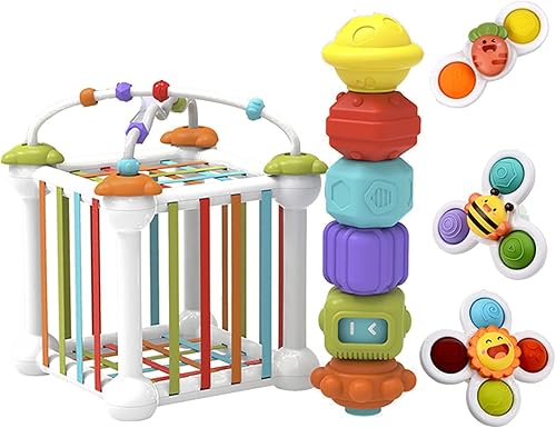 Juguetes Montessori para niños de 1 año, juego de cubos sensoriales para bebés, clasificador de formas, cubo de actividades coloridas y 6 bloques
