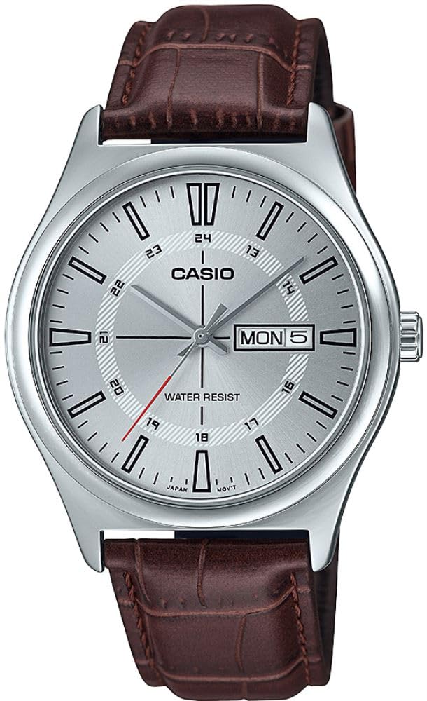 Casio MTP-V006L-7C Orologio analogico da uomo con cinturino in pelle 24 ore, quadrante con indici argentati, giorno e data, 3 lancette, Argento, Casual