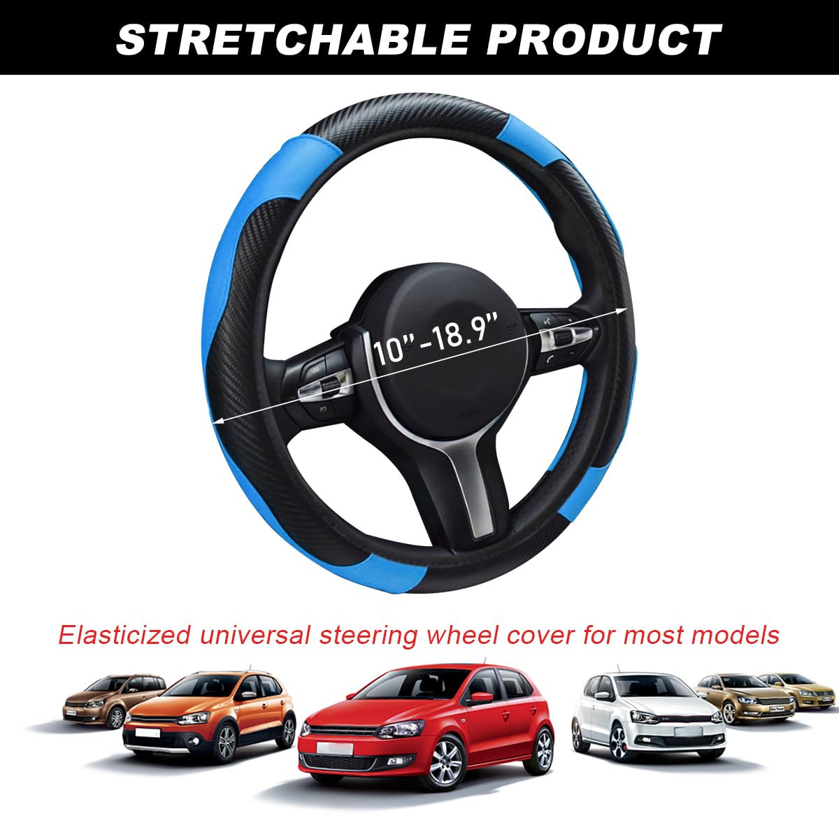DXNQ Car Steering Wheel Cover, 15 Inch Carbon Fiber Leather Stitching Color Steering Wheel Protector, Anti-Slip Elastic Breathable Steering Wheel Cover Stylish Decor for Most Cars (Black&Blue)
