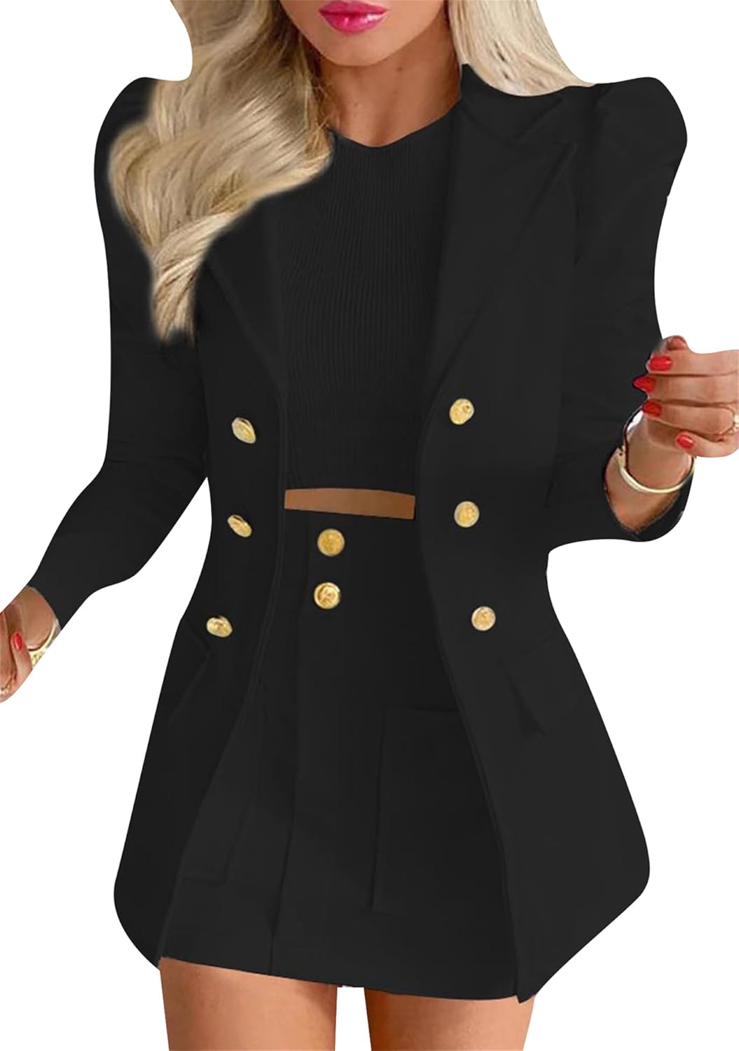 GRASWE Women's 2 Piece Outfits Casual Solid Long Sleeve Suits Button Work High Waist Blazer and Mini Skirt Set