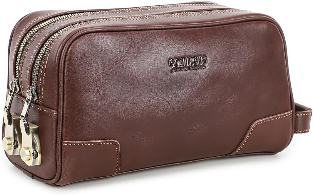 CONTACTS Toiletry Bag with Lock for Men Genuine Leather Travel Bag Shaving Dopp Kit Organizer Clutch with Handle and Double Combination Lock