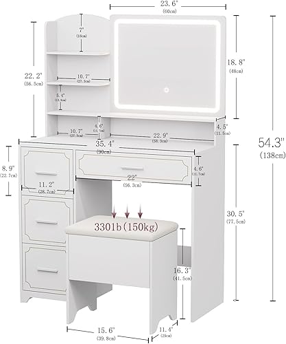 Miniatura 6 de Mesa de tocador con espejo LED y toma de corriente, 5 estantes abiertos, 4 cajones, incluye taburete acolchado, tocador de maquillaje ideal para
