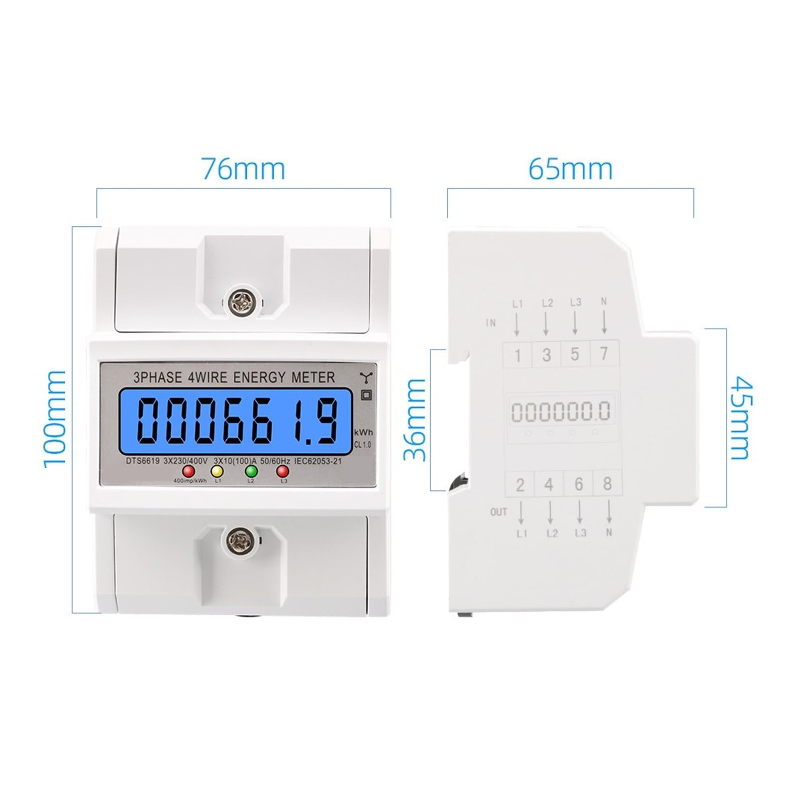 DTS6619 Misuratore Kwh Trifase 100A Display Digitale LCD Con Contatori Di Energia Elettrica Retroilluminata Monitor Contatore Elettrico Smart Rail(Transparent)