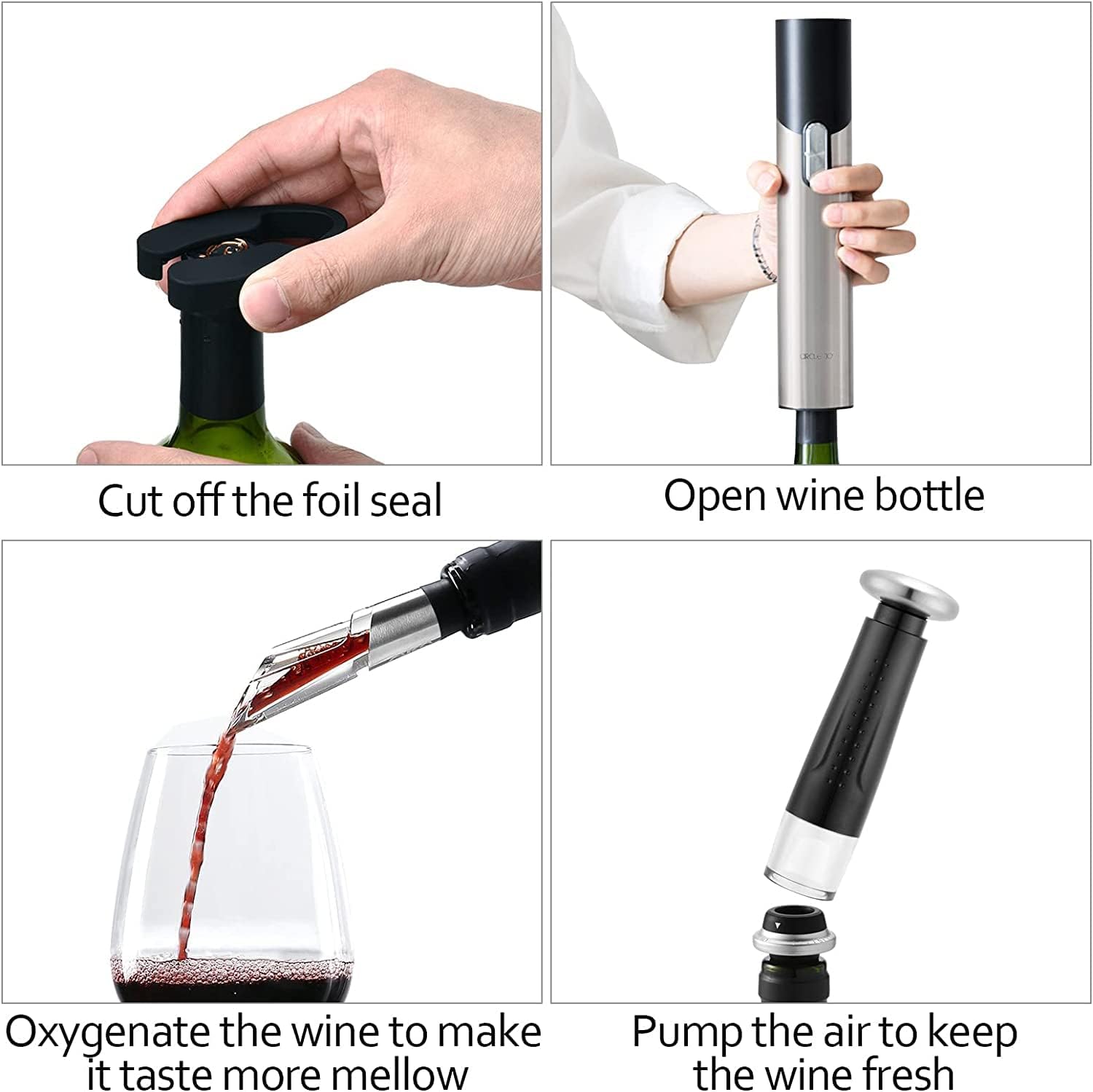 CIRCLE JOY Elektrischer Korkenzieher, 7 in 1, wiederaufladbar, Geschenkset für Wein und Bier, mit Sockel, Folienschneider, Weinbelüfter, Vakuumpumpe und 2 Weinkorken