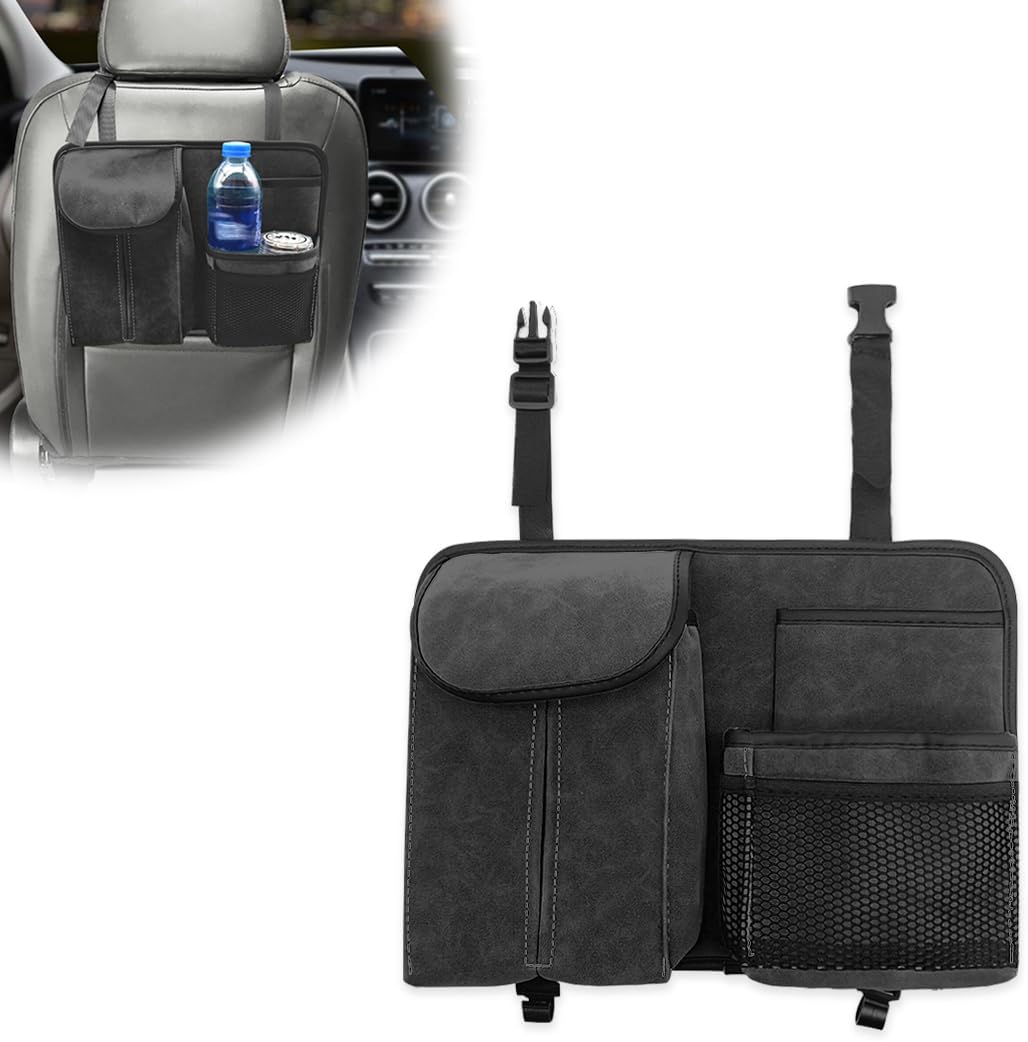 Car Seat Back Organizer Large Capacity Bag, Storage Bag with Hook, Suede, for Laptop/iPad/Office Supplies, Fits Any Car/Truck (Black)
