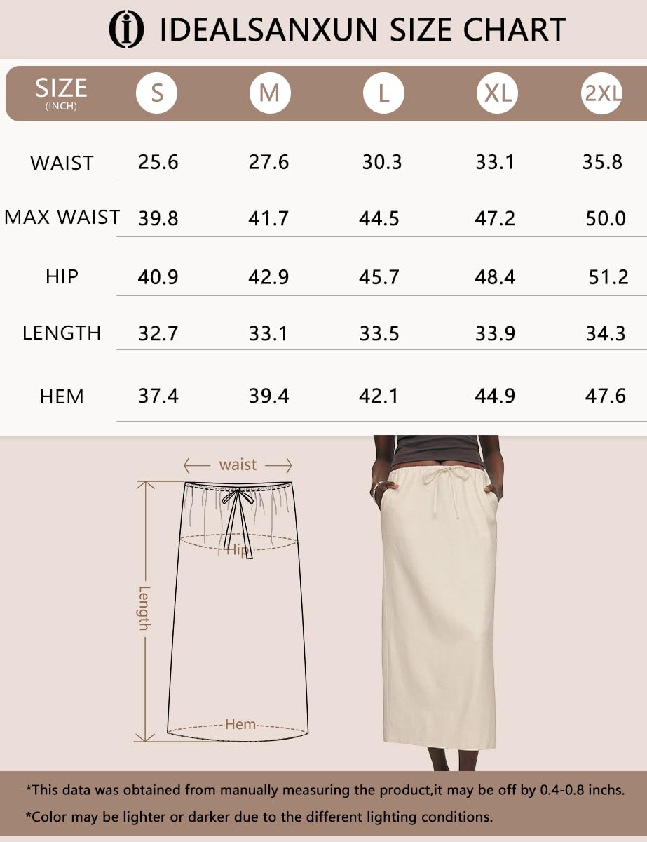 IDEALSANXUN Gonne lunghe da donna in lino alla moda con coulisse in vita elastica con spacco