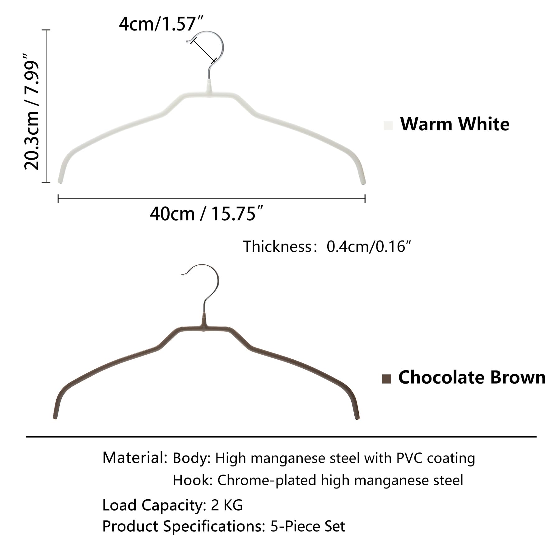 SHIMOYAMA Confezione da 5 grucce appendiabiti in metallo da 40 cm, sottili, antiscivolo, per top, maglieria, magliette, maglioni, girevoli a 360° (bianco)