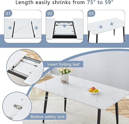 Miniatura 4 de FURNITO Juego de Mesa de Comedor de 7 Piezas, Mesa de Comedor Extensible de 59"-75" con 6 Sillas Tapizadas, Juego Blanco de Mesa y Sillas de Cocina