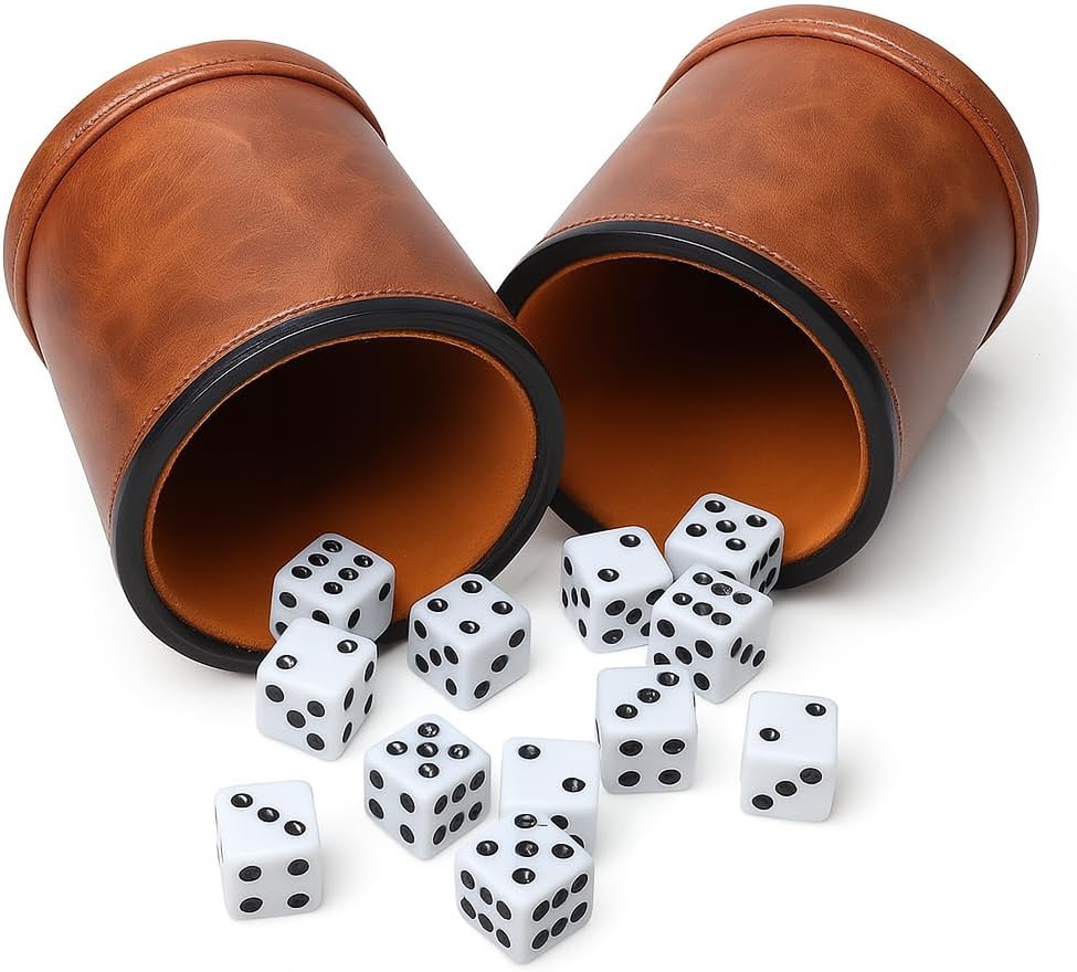 Brown PU Leather Dice Cup Set, Felt Lined Dice Shaker with 6 Dice for Liars Farkle Yahtzee Game, 2 Pack